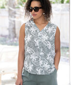 Sleeveless Tropical Button-Up Blouse, Green, original image number 0