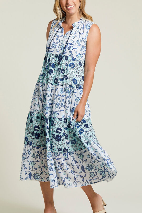 Flowy Floral Print Maxi Dress, Blue, original image number 0