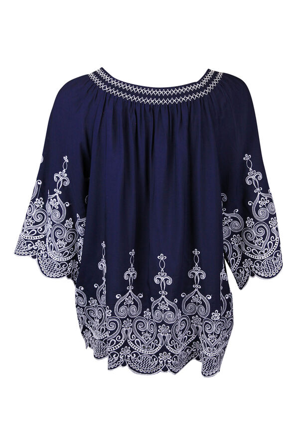 Embroidered Peasant Blouse 3/4 Sleeves, Navy, original image number 1