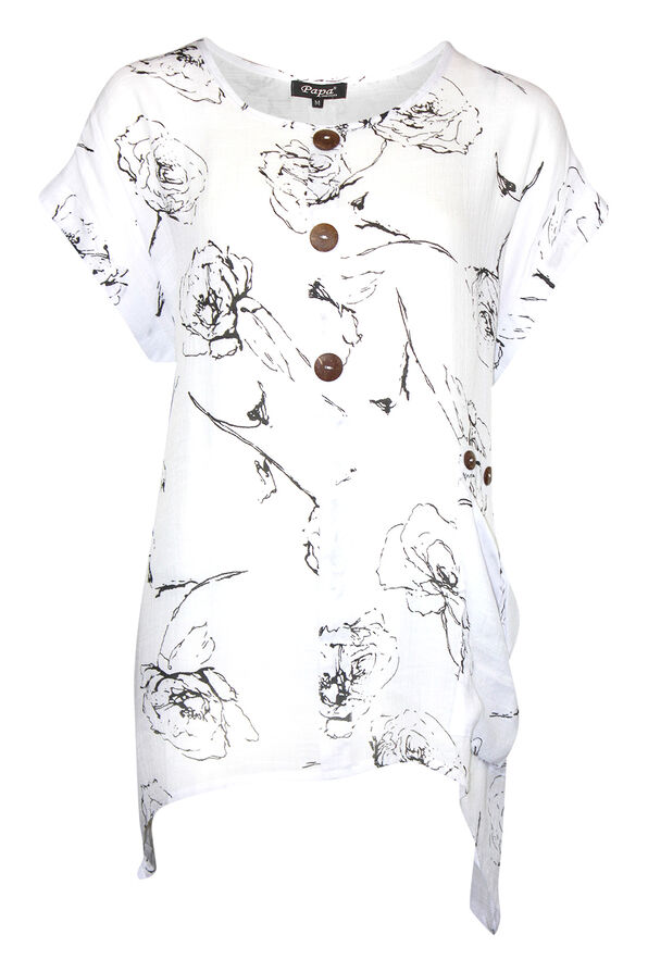 Cap Sleeve Printed Top with Coconut Buttons , Black, original image number 0