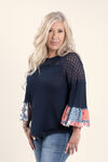 3/4 sleeve Solid and Print Top, Blue, original image number 2