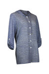 Striped Button Front Shirt 3/4 Sleeve with Hood, Navy, original image number 0