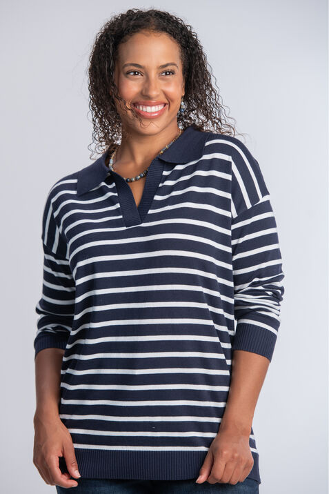 Long Sleeve Collared Striped Sweater , Navy, original