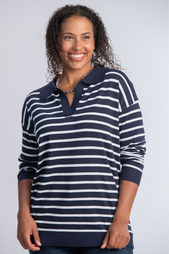 Long Sleeve Collared Striped Sweater , Navy, original image number 0