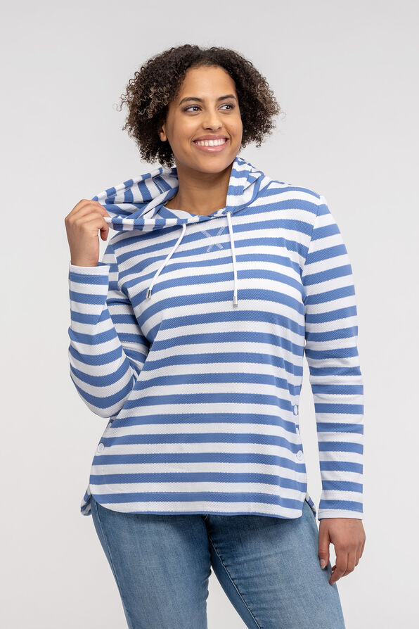 Striped Hooded Waffle Long Sleeve Top, Blue, original image number 0