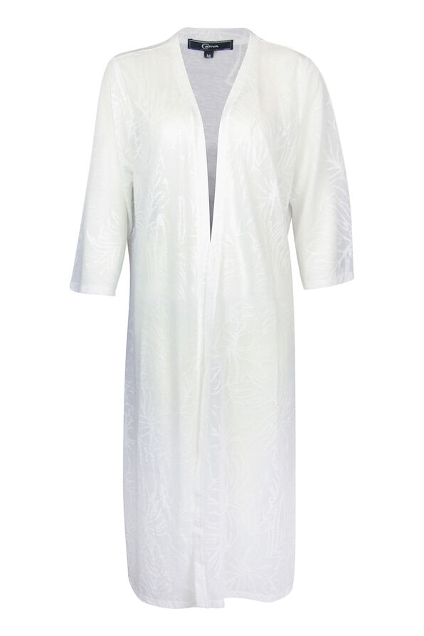 Sheer Long Cardigan with 3/4 Sleeve and  Leaf Embroidery, White, original image number 0