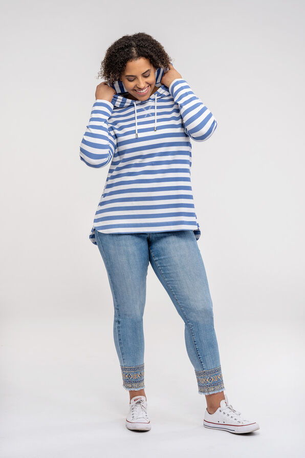 Striped Hooded Waffle Long Sleeve Top, Blue, original image number 3