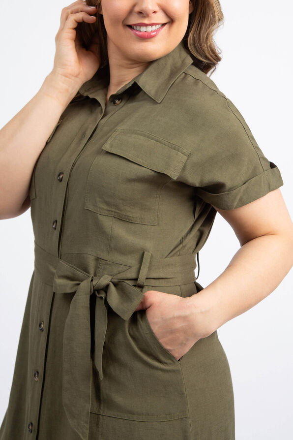Cap Sleeve Midi Shirt Dress, Olive, original image number 3