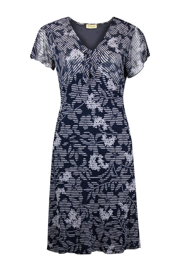 Mesh Flutter Sleeve Dress with Front Tie, Navy, original image number 0