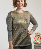 Gold Metallic Floral And Stripe Dressy Shirt , Grey, original image number 0