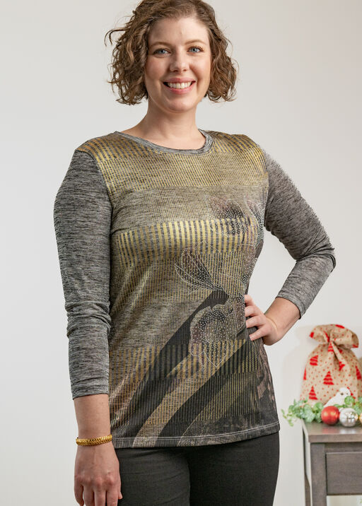 Gold Metallic Floral And Stripe Dressy Shirt , Grey, original