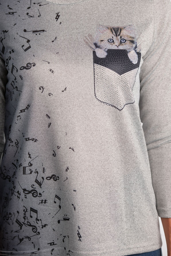 Long Sleeve Kitten Top , Grey, original image number 1