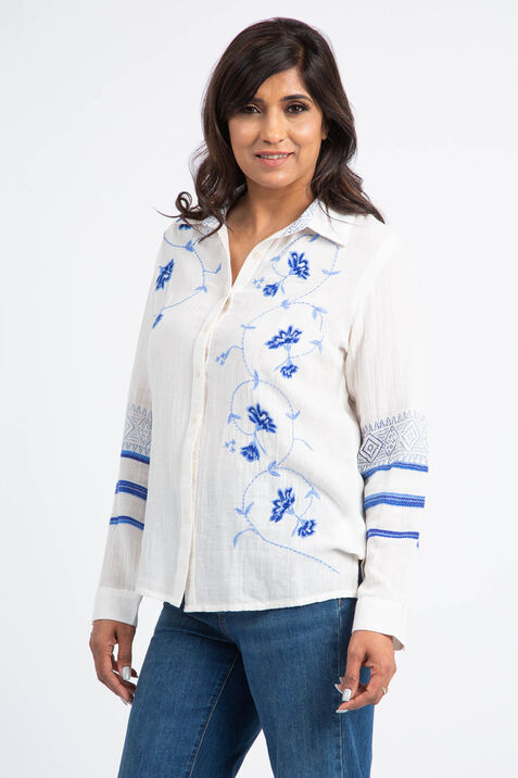 Button-Up Blouse w/ Floral Embroidery, Off White, original