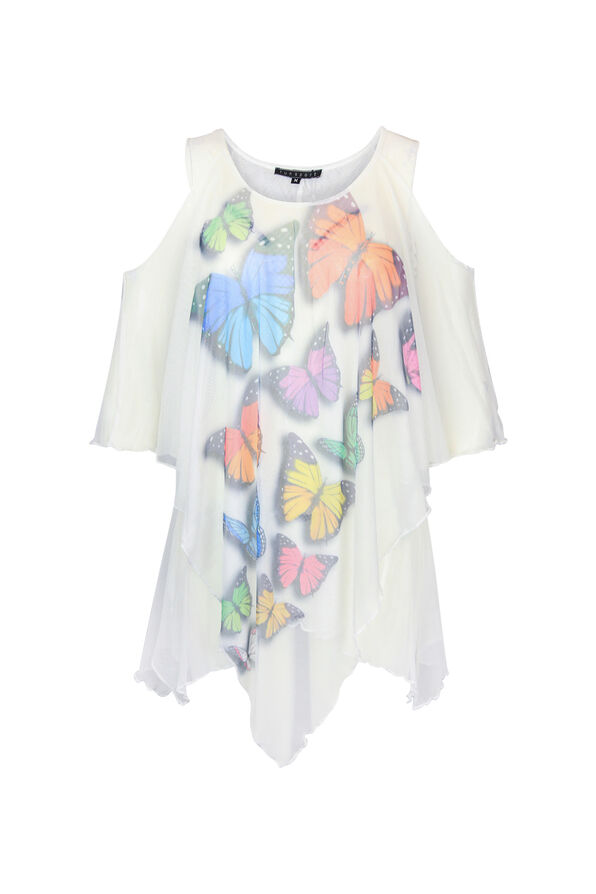 Cold Shoulder Butterly Print Layered Top, White, original image number 0