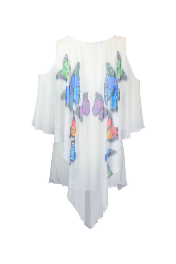 Cold Shoulder Butterly Print Layered Top, White, original image number 1