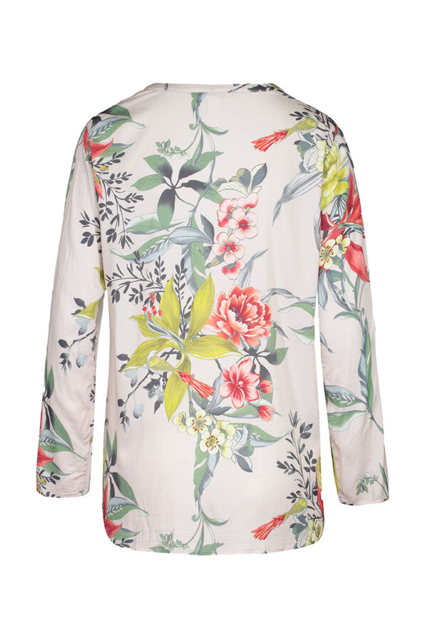 Floral with Bird Print Top with Roll Tab Sleeves , Multi, original image number 4