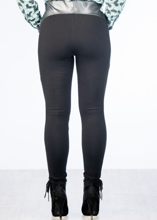 Vegan Faux-Leather Mid-Rise Ponte Skinny Leggings , Black, original