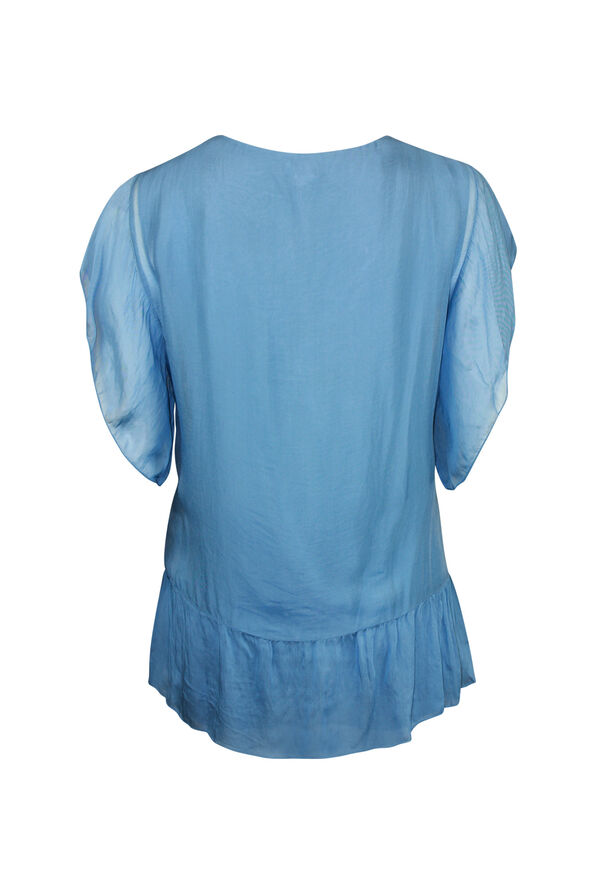 Short Sleeve Silk Embroidered Blouse , Blue, original image number 1