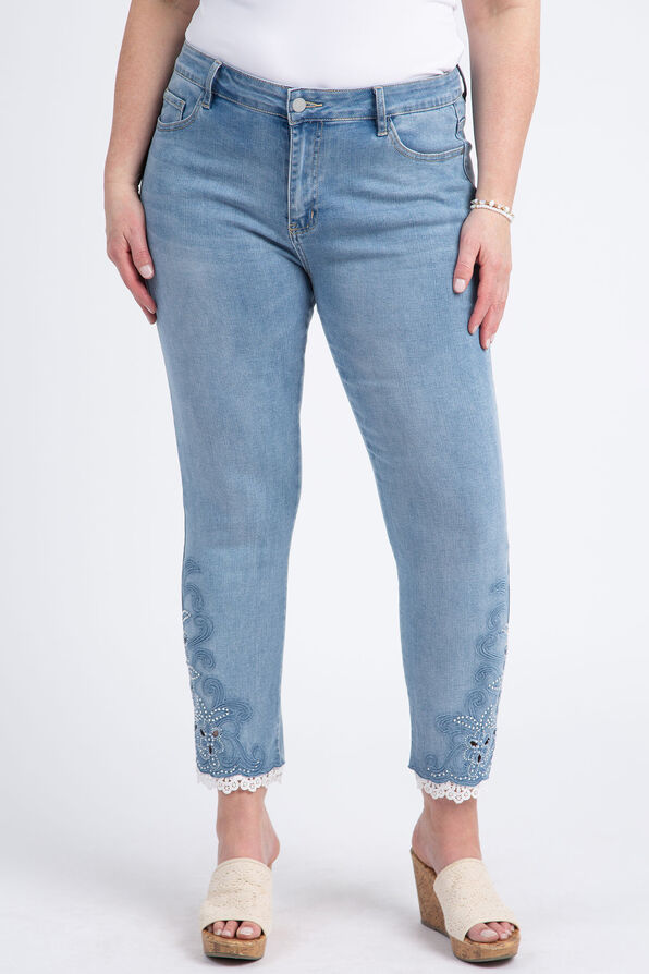 Lace & Jewel Embellished Ankle Jeans, Denim, original image number 0