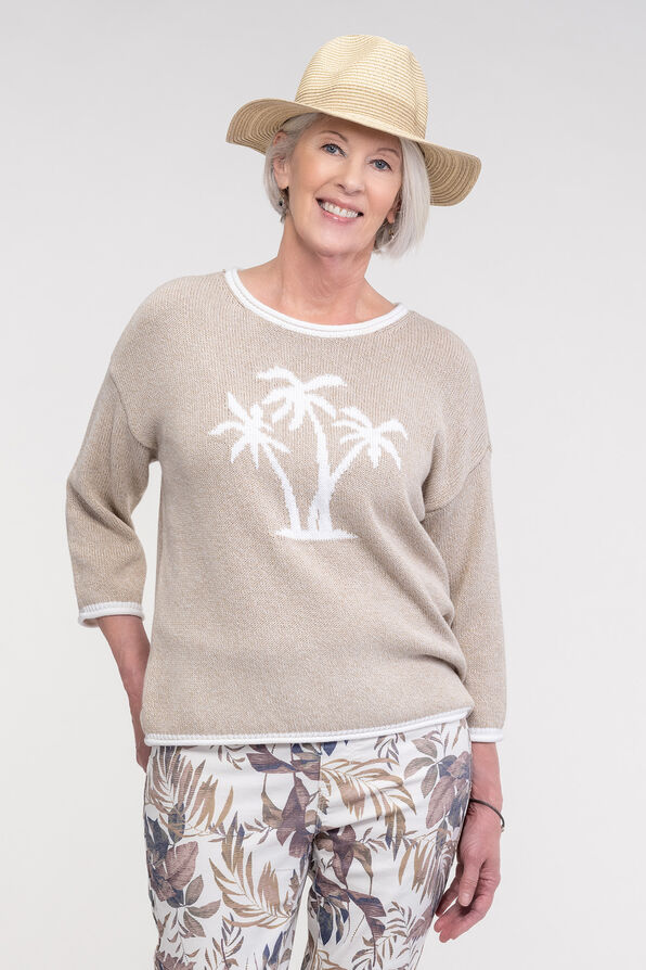 Palm Tree Knit Sweater with Roll Neck, Taupe, original image number 2