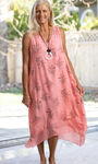 V-Neck Layered Midi Dress, Coral, original image number 0