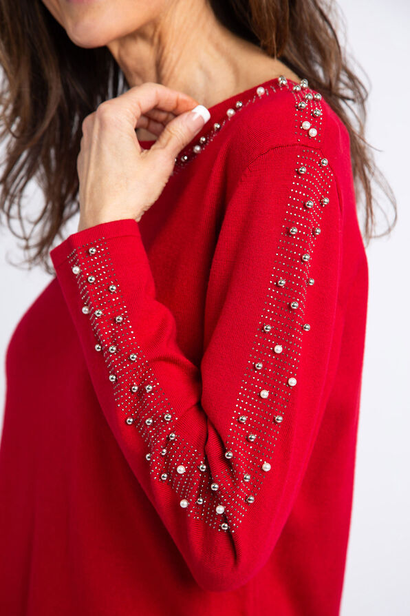 Long Sleeve Embellished Trim Sweater, Red, original image number 3