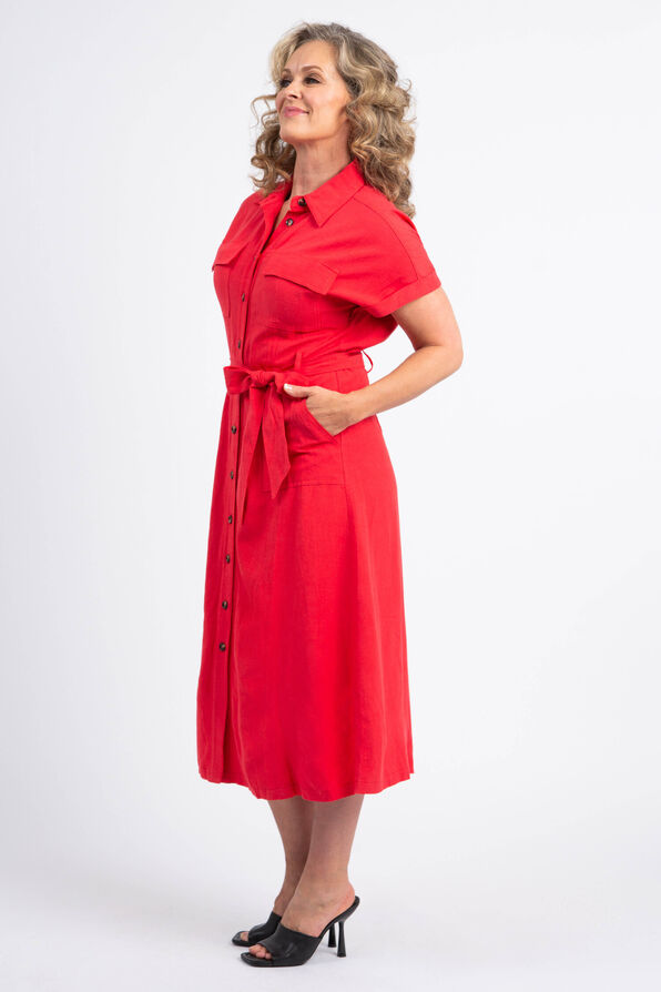 Cap Sleeve Midi Shirt Dress, Red, original image number 1