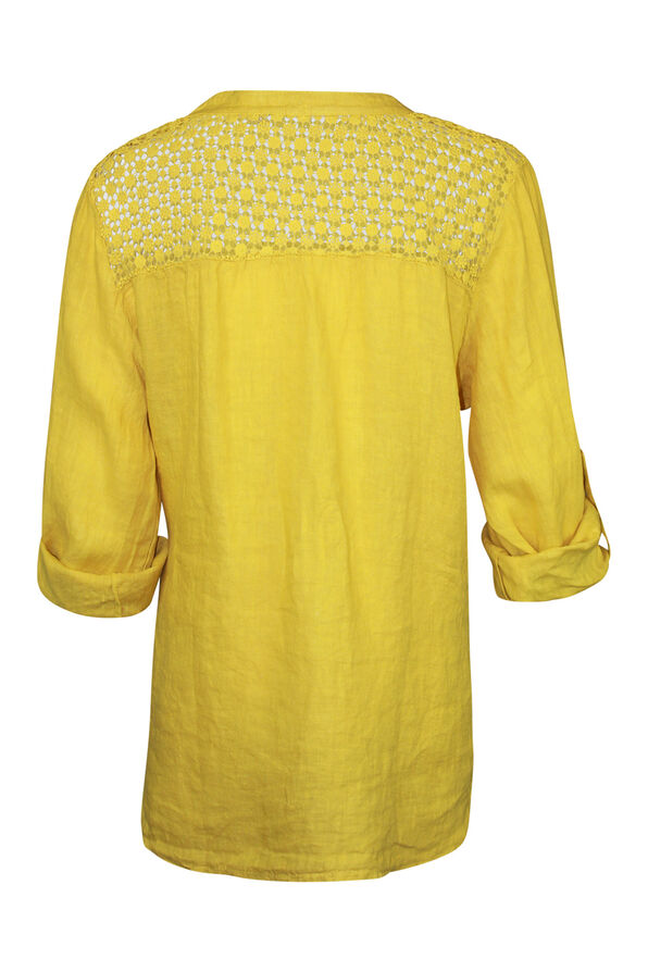 Crochet Shoulder Linen Top with button Front, Gold, original image number 1