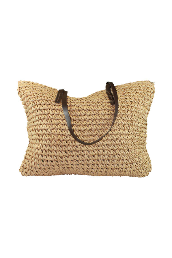 Straw Beach Bag with Faux Leather Handles, Natural, original image number 0