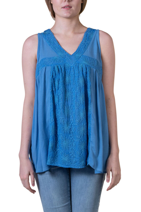Sleeveless V-Neck Peasant Top with Embroidery, Blue, original image number 0