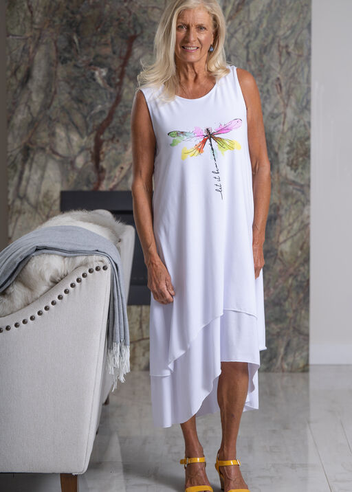 Sleeveless Dragonfly Midi Dress, White, original