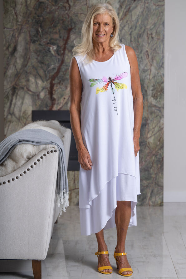 Sleeveless Dragonfly Midi Dress, White, original image number 0