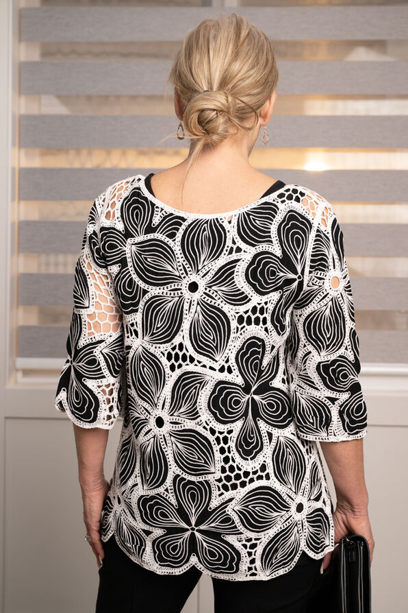 ¾ Sleeve Floral Crocheted Top, Black, original image number 1