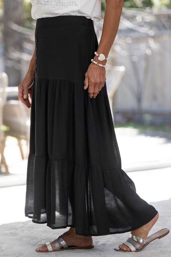 Tiered Maxi Skirt with Buttons, Black, original image number 1