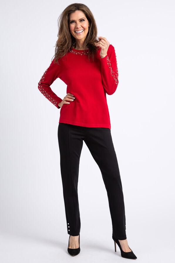 Long Sleeve Embellished Trim Sweater, Red, original image number 0