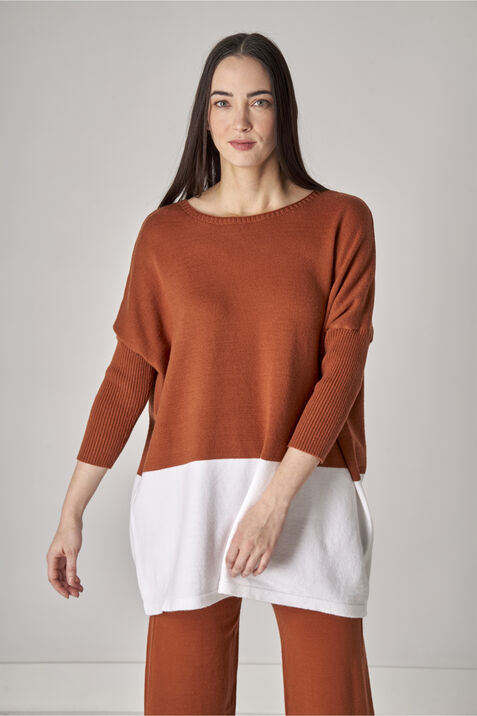 ¾ Sleeve Two Tone Sweater , Brown, original