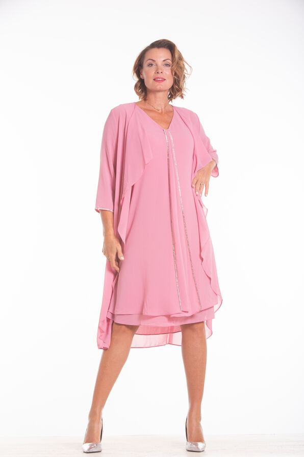 Knee Length Chiffon Dress w/ Matching Cardigan, Pink, original image number 0