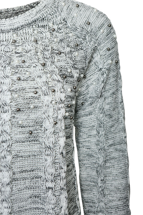 Pearl Dusted Cable Knit Sweater, Black, original image number 2