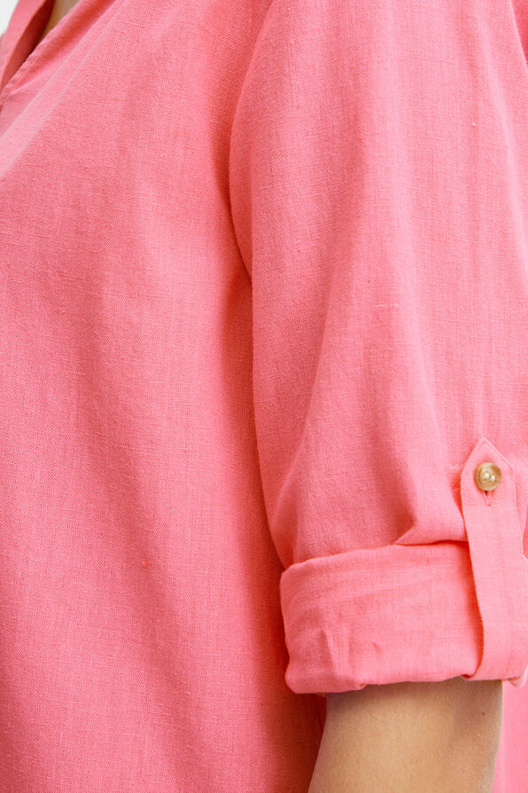 Notched V-Neck Linen Blend Top, Pink, original image number 3