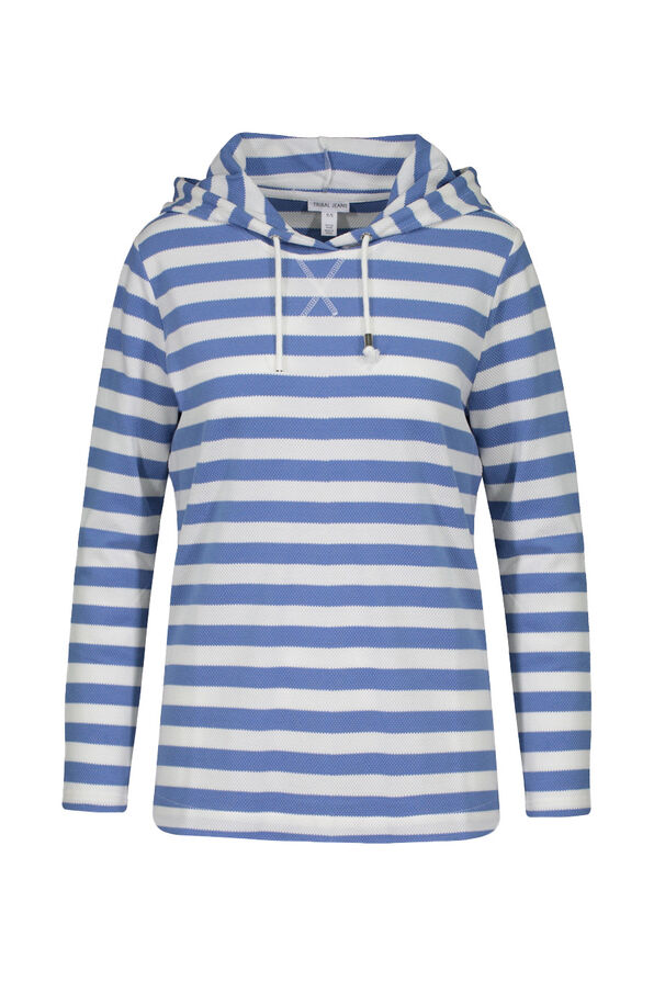 Striped Hooded Waffle Long Sleeve Top, Blue, original image number 4
