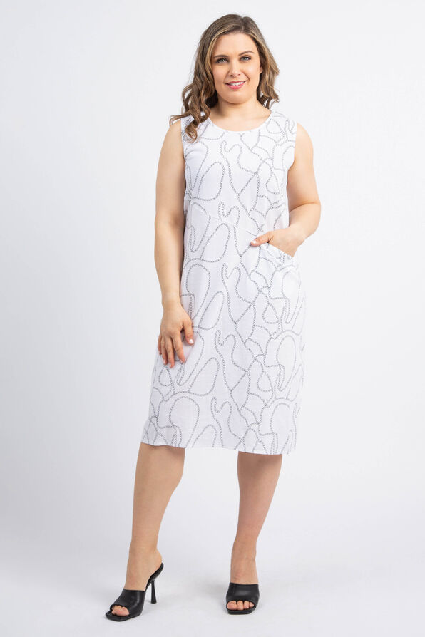 Sleeveless Midi Dress w/ Chain Print, White, original image number 0