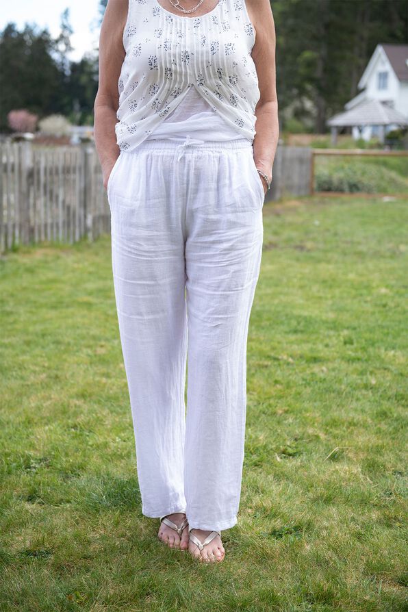 Pull-On Linen Pants with Drawstring, White, original image number 1