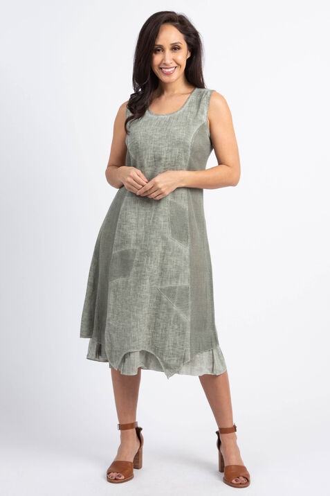 Knee Length Sleeveless Dress w/ Mesh Panels, Olive, original