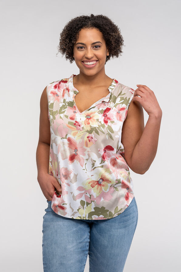 Sleeveless Floral Blouse with Accented Neckline, Sage, original image number 1