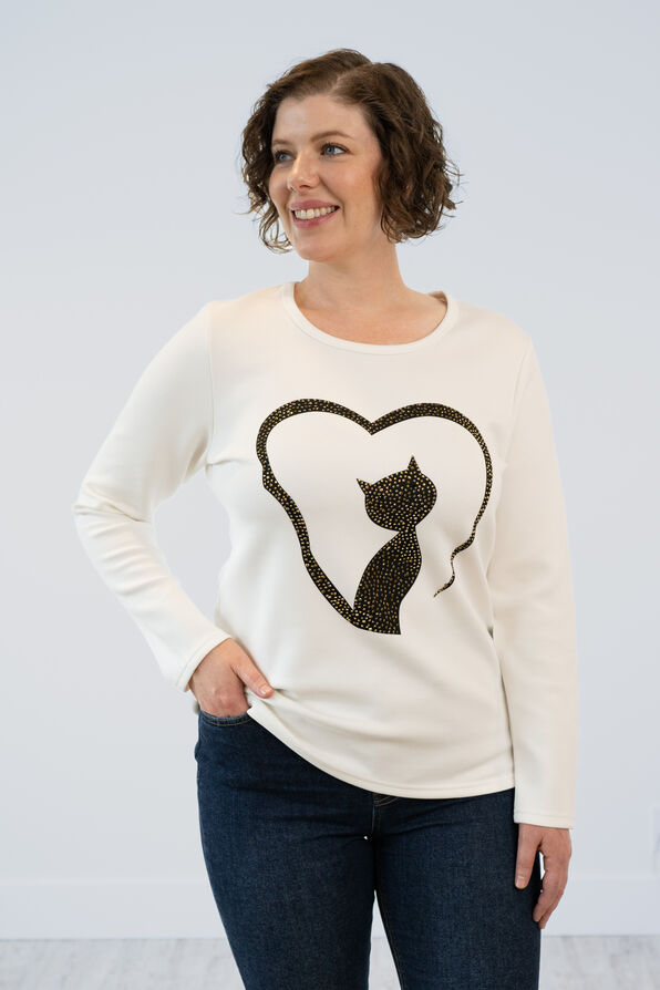 Cat And Heart With Gold Rhinestones Graphic Silhouette Shirt, Off White, original image number 0