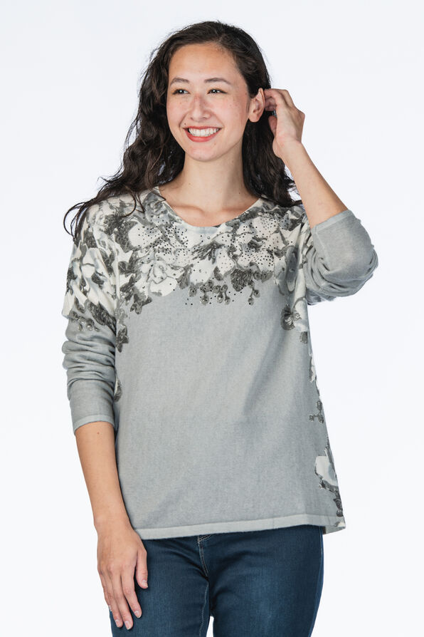 Floral Hotfix Sweater, Grey, original image number 0