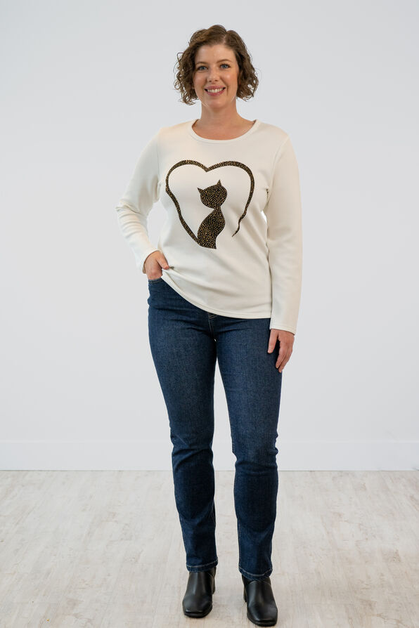 Cat And Heart With Gold Rhinestones Graphic Silhouette Shirt, Off White, original image number 2