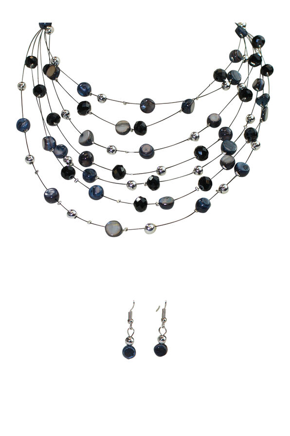 Multi-Strand Beaded Necklace and Earrings Set, Black, original image number 0