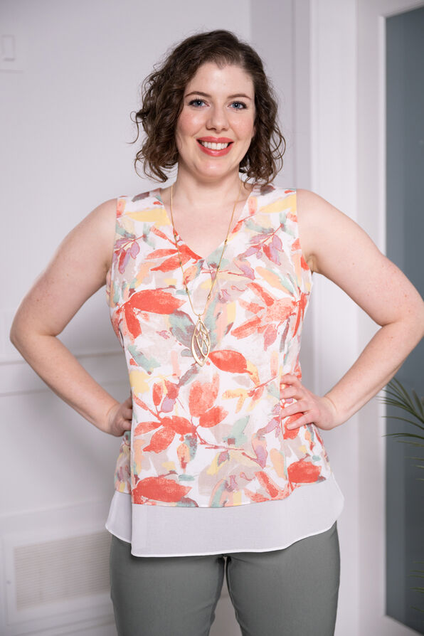 Sleeveless Floral Overlay Top, Coral, original image number 0
