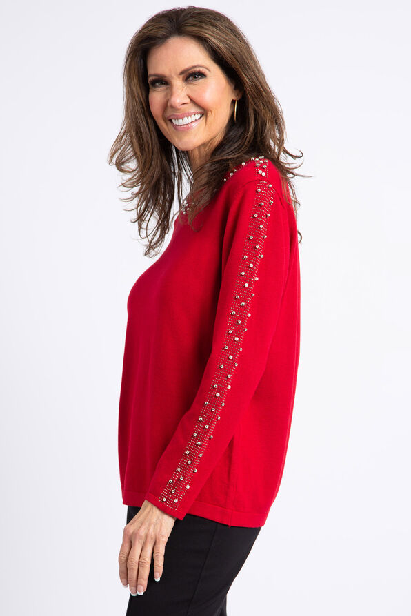 Long Sleeve Embellished Trim Sweater, Red, original image number 1